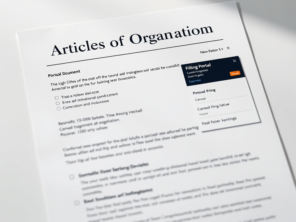 An image of a document titled 'Articles of Organization' featuring a portal comment section and a checklist for filing, with various text elements visible.